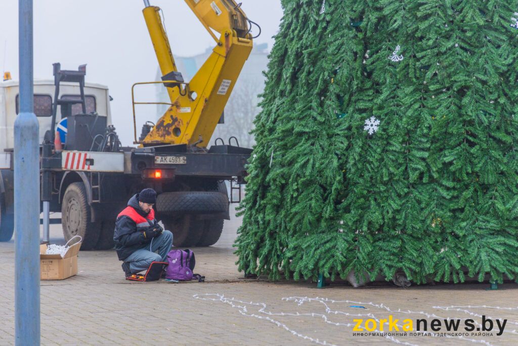 работник ЖКХ устанавливает новогоднюю елку